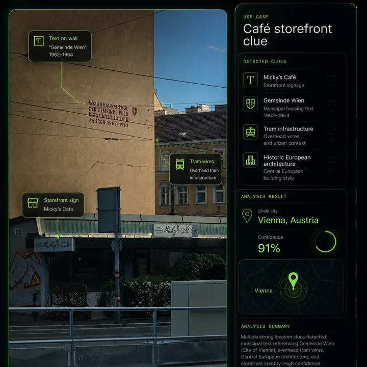 Street scene with text and architecture clues for no-GPS image geolocation